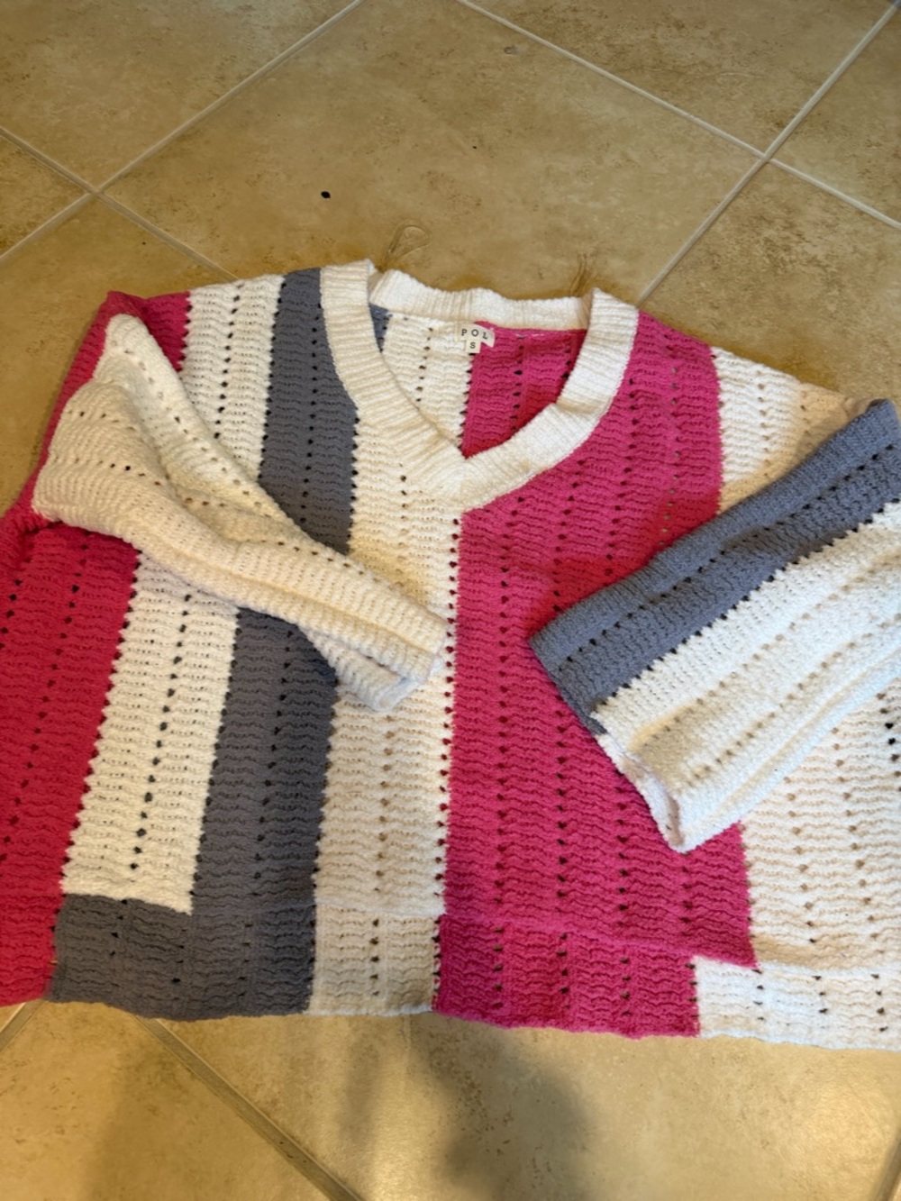 Striped V‑Neck Crochet Sweater in Pink, White & Gray